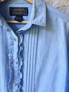 Long Sleeve Chambray Ruffle Button Down - Eddie Bauer